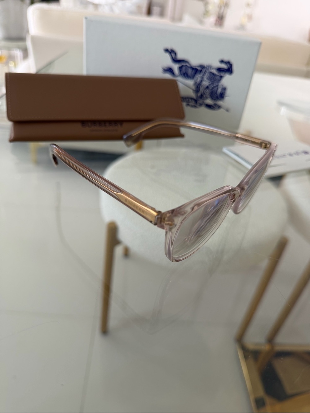 Burberry Light Pink Transparent Cat-Eye Sunglasses with Gold Temples